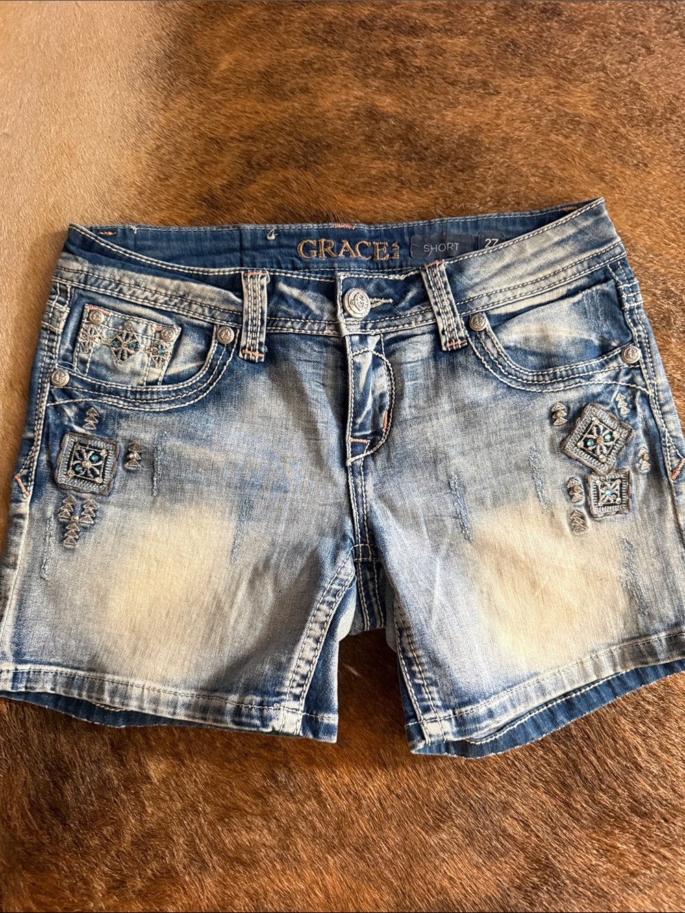 Grace Light Blue Embroidered Denim Shorts